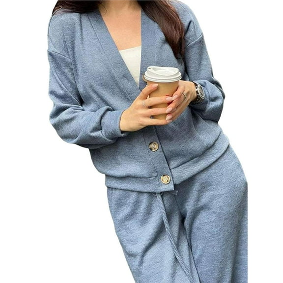 Women 2 Pcs Sweatsuits Long Sleeve V Neck Button Down Tops and Jogger Pants Fall Winter Trendy Sets Blue-Gray XXXL