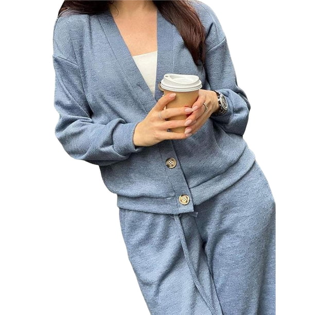 Conjunto Deportivo de Dos Piezas para Mujer: Top de Larga con Cuello en V y Botones, y Pantalones Deportivos. Conjunto Moderno para Otoño e Invierno. Azul Grisáceo L