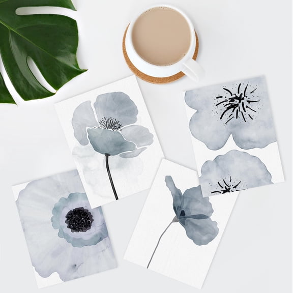 PixonSign Frameless Wall Art Close Up Pastel Blue Magnolia Flower Duo Prints, Set of 4 Nature Wildernes Paintings, Minimalism Wall Décor, Adhesive Canvas Poster for Home Decor -