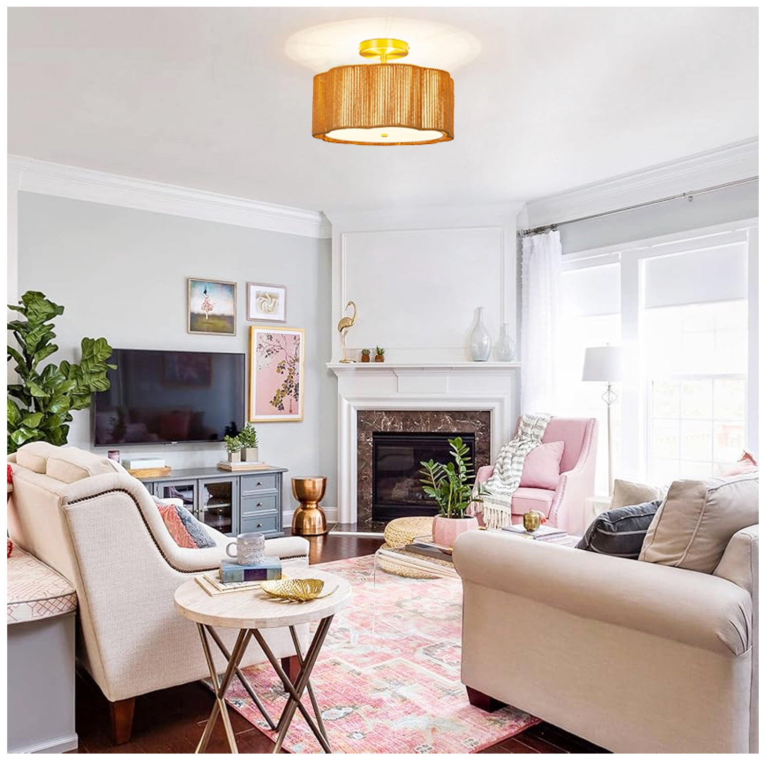 Boho Light Fixtures Flush Mount, 3-Light Rattan Ceiling Light Fixtures Flush Mount Gold for Bedroom, Flower-Shaped Close to Ceiling Light Fixture for Hallway Kitchen
