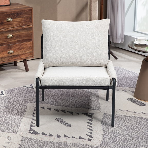 Modern Accent Lounge Chair with Braided Upholstery and Metal Frame, Comfortable Armchair for Living Room or Bedroom, Soft Cushioned Seat and Backrest, Set of 1 (BEIGE)
