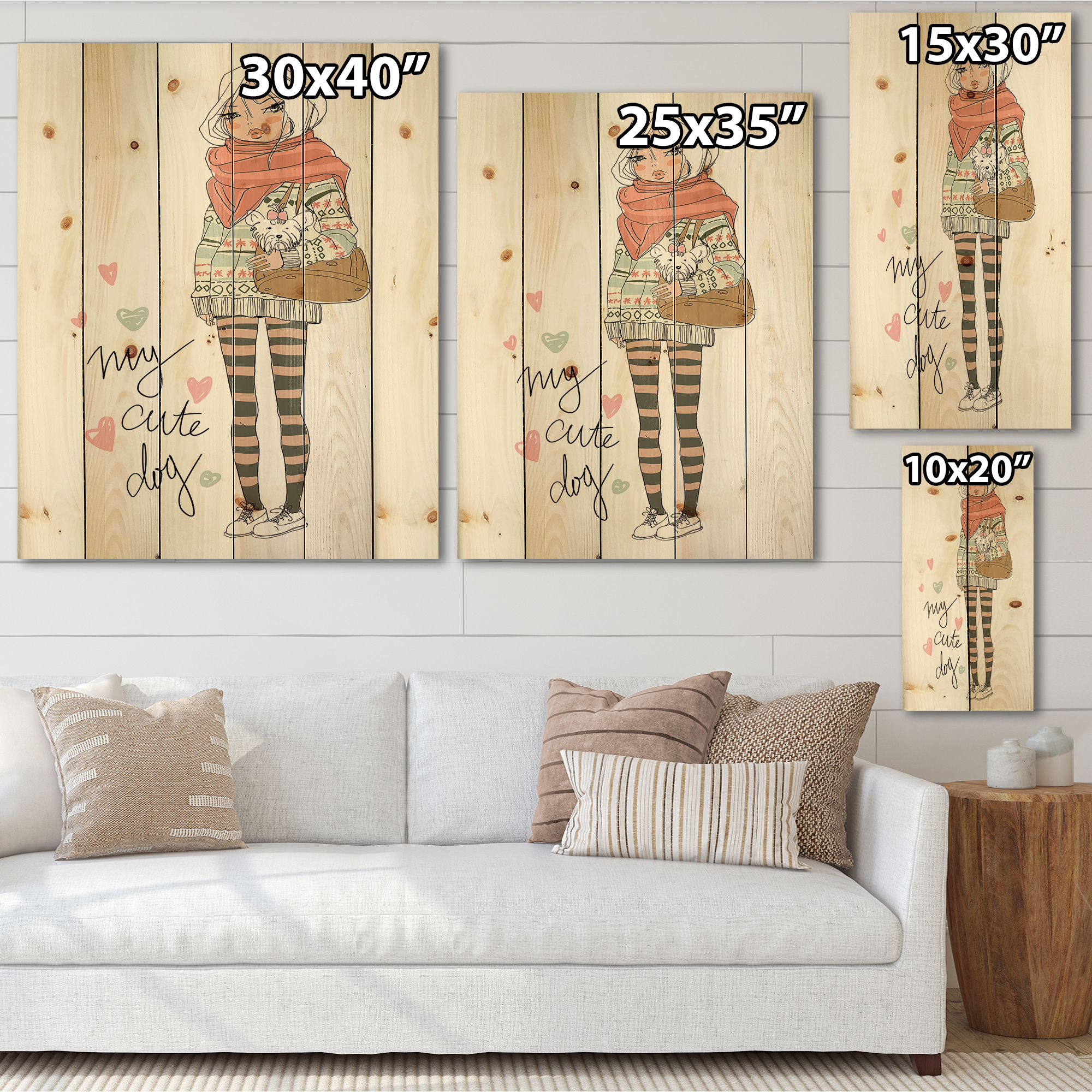 Designart 'My Cute Dog Cute Girl With Dog' Shabby Chic Print on Natural Pine Wood