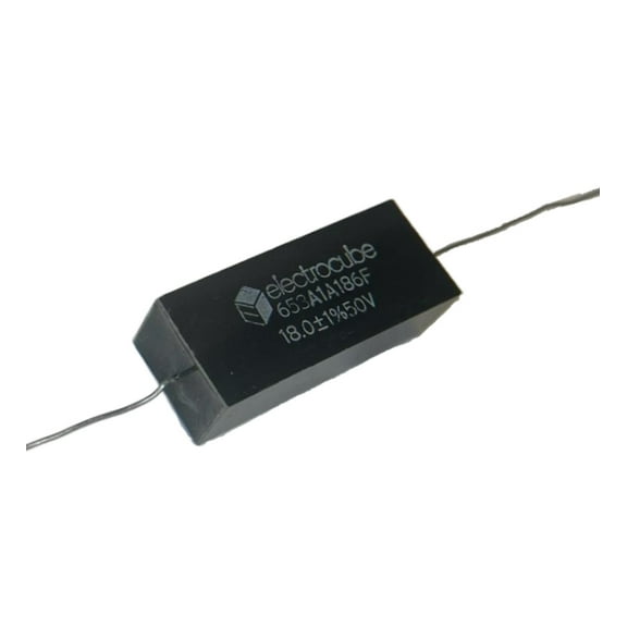 653A1A186FK Capacitor Metallized Polycarbonate, Flame Retardant Epoxy case, Rectangular Axial Leads,1.8MFD 24AWG 50V 10%, Bulk, RoHS