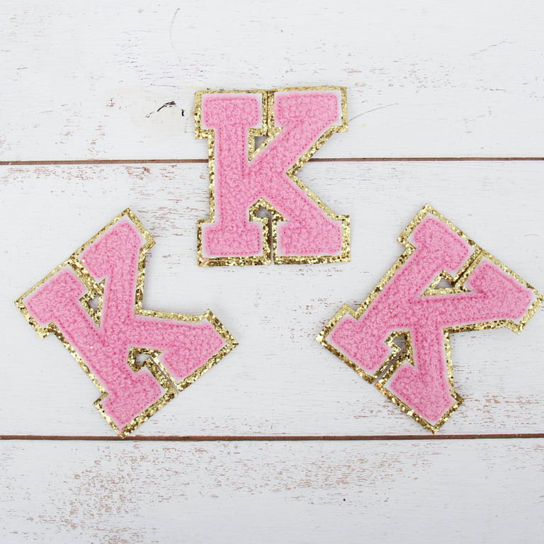 3 Pack Chenille Iron On Glitter Varsity Letter K Patches - Pink Chenille  Fabric With Gold Glitter Trim - Sew or Iron on - 8 cm Tall 
