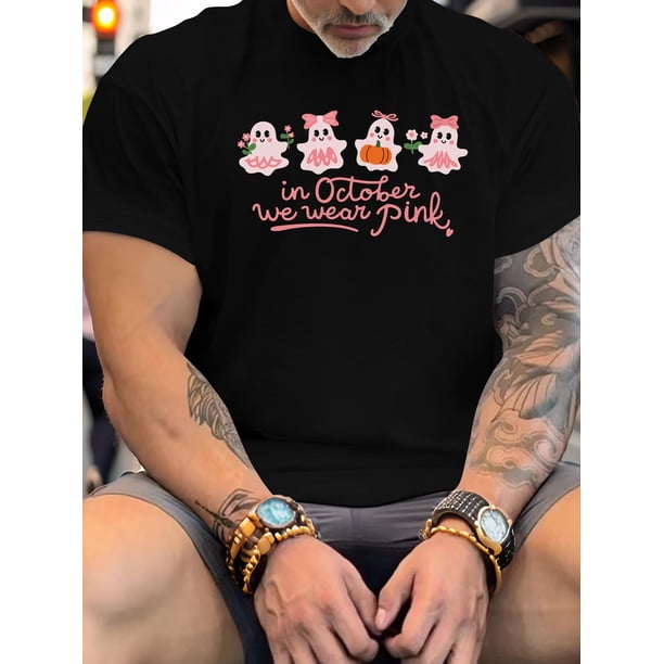 Halloween T-Shirt - October Pink Ghost Short Sleeve Shirt with "October We Wish You Pink" - Casual Halloween Party Top - Lightweight Summer Top