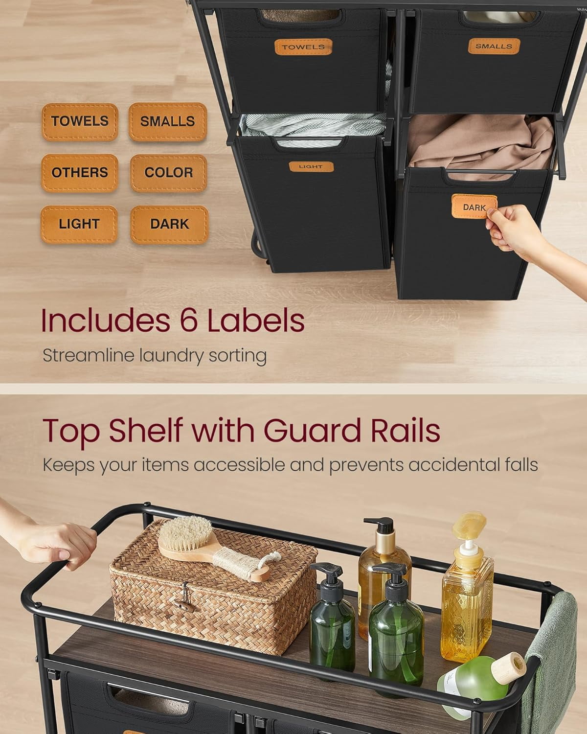 Laundry Sorter, Laundry Basket with Wheels, 39.6 Gal. Rolling Laundry Hamper, Portable Laundry Cart 4 Removable Liners and 6 Labels, Ink Black and Chestnut Brown