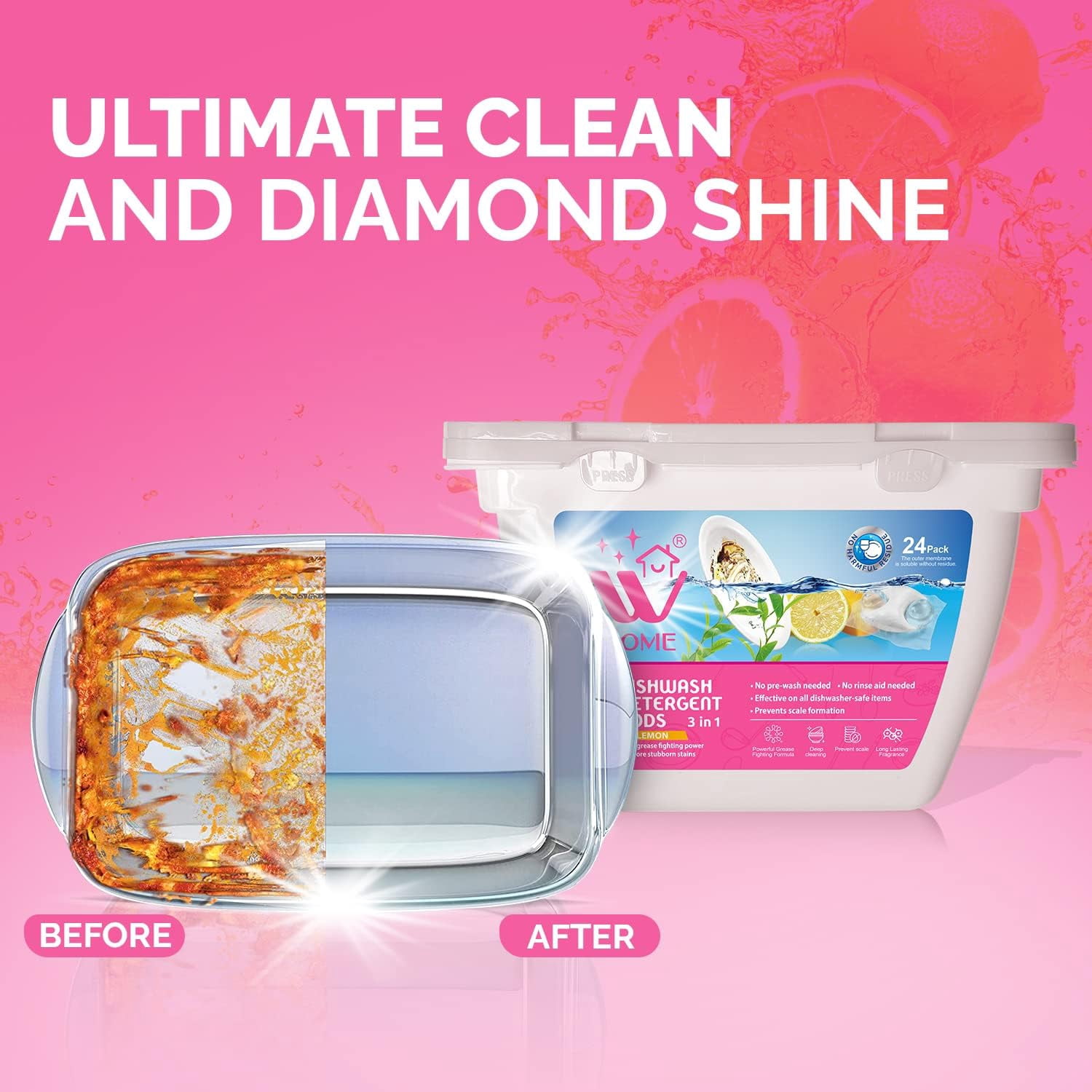 WBM Home 3-in-1 Dishwasher Pods - Powered Free & Clear Detergent for Residue-Free Dishes - 96 Count Total, 24 Pods/Each - Pack of 4