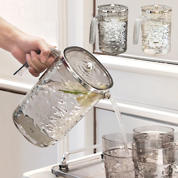 Jarra fría para tetera con tapa - Recipiente de plástico transparente de 2L para té helado, limonada y agua infusionada - aptable para lavavajillas, boca ancha, almacenamiento en la nevera