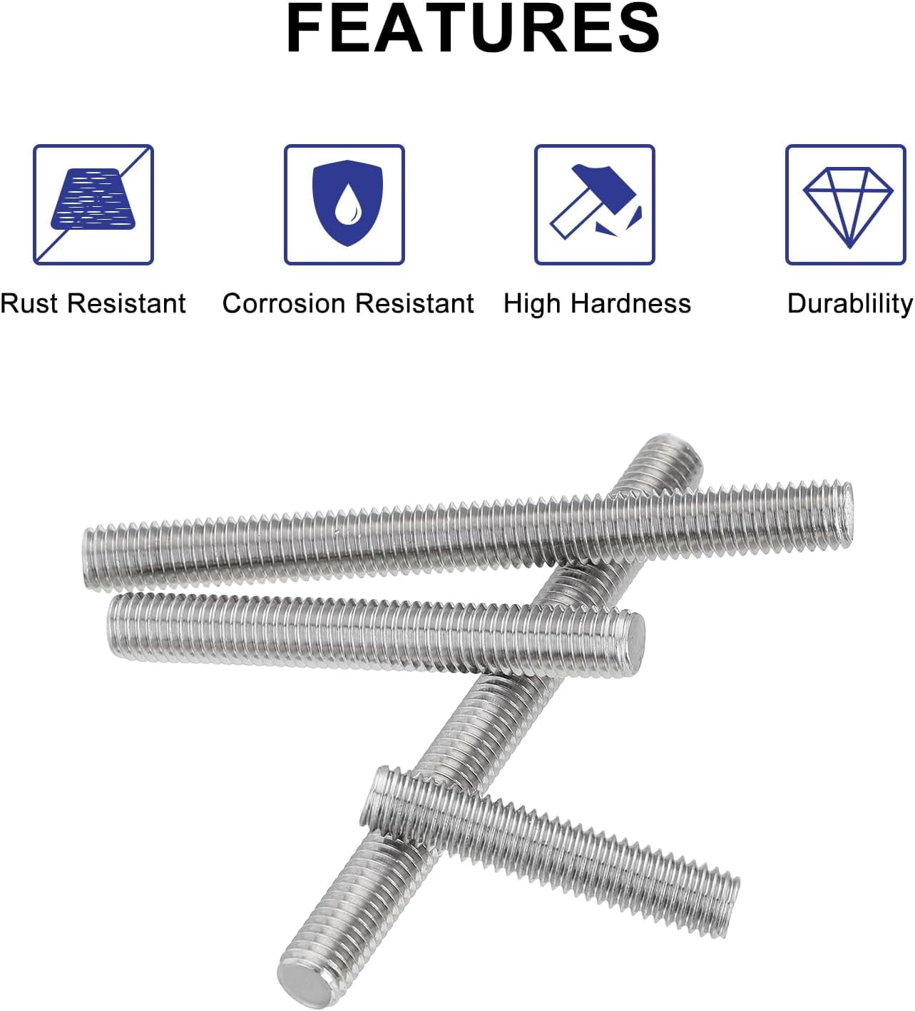 6 x 25 fully threaded 304 stainless steel rod stud bolts, silver color, 20 pieces pack