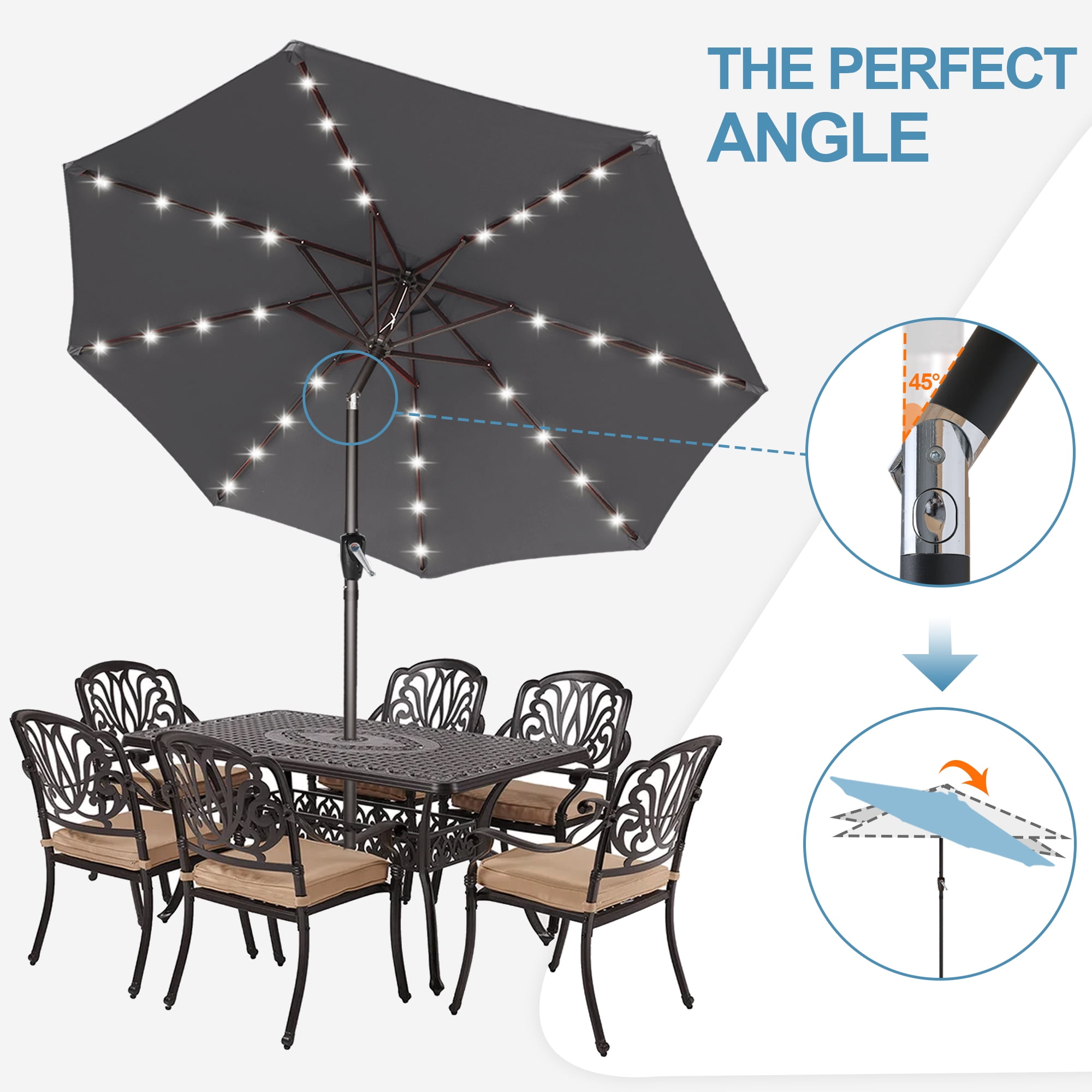 ABCCANOPY 7.5ft Patio Solar Umbrella LED Outdoor Umbrella with Tilt and Crank, Dark Gray