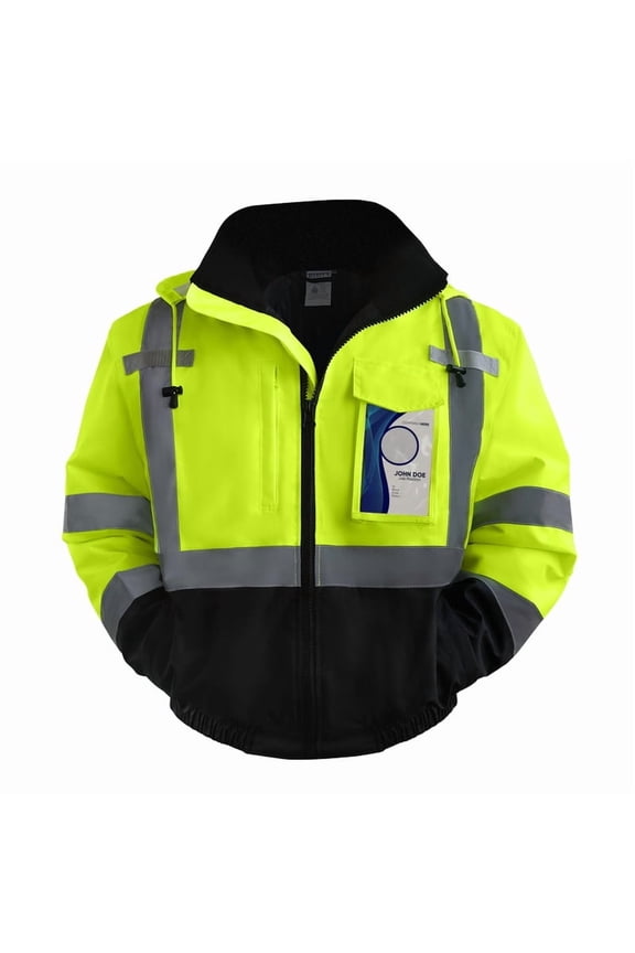 Hi Vis Rain Jackets for Men, Class 3 Reflective Safety Jackets for Men, Waterproof High Visibility Winter Bomber Jacket for Mens Construction Work, Cold Weather Use, Meets Ansi, J-Yellow 5XL