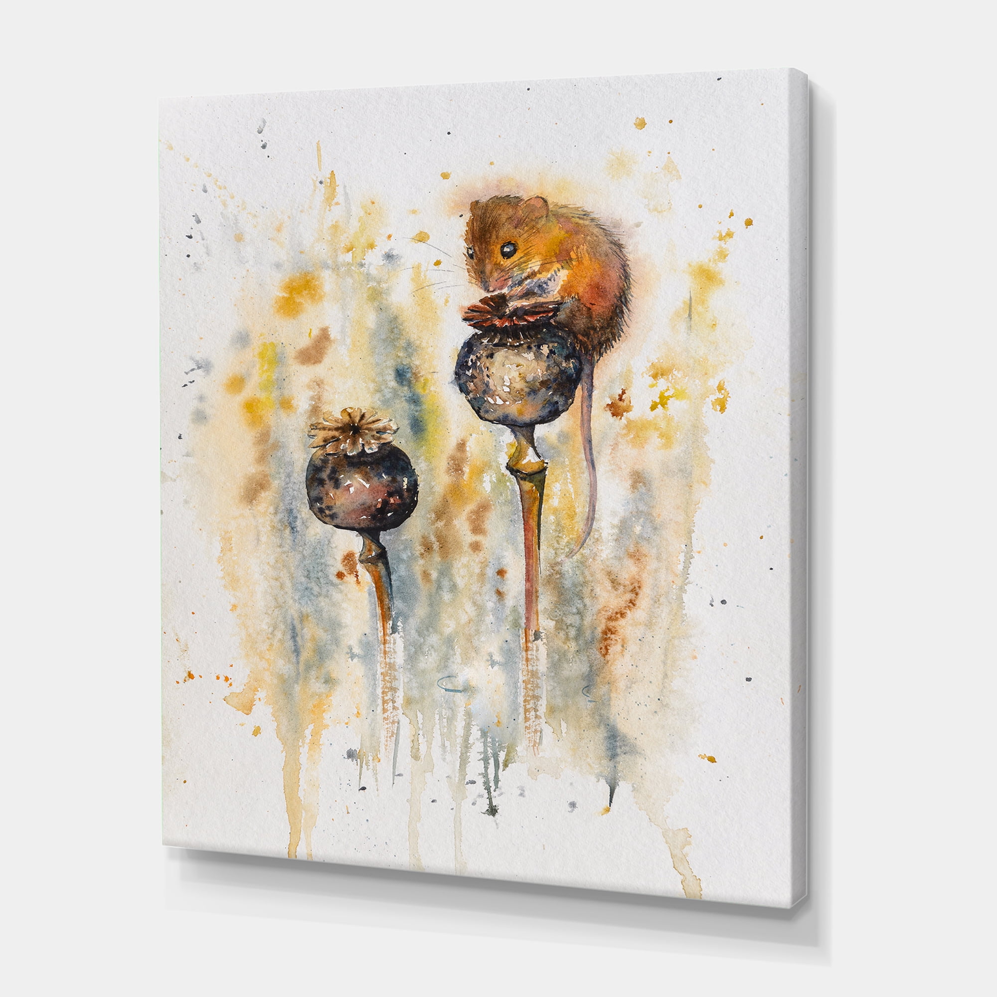 Little Mouse Sitting On Poppies 30 in x 40 in Painting Canvas Art Print, by Designart