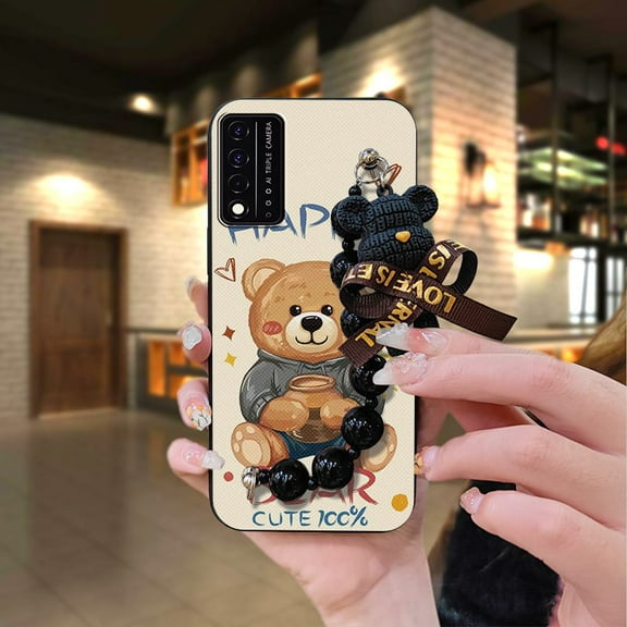 LYM-Phone Case For TCL T-Mobile Revvl V 5G/Revvl V Plus 5G, Black pearl pendant Waterproof Bear bracelet cute Back Cover Skin-friendly feel protective case Simplicity Dirt-resistant