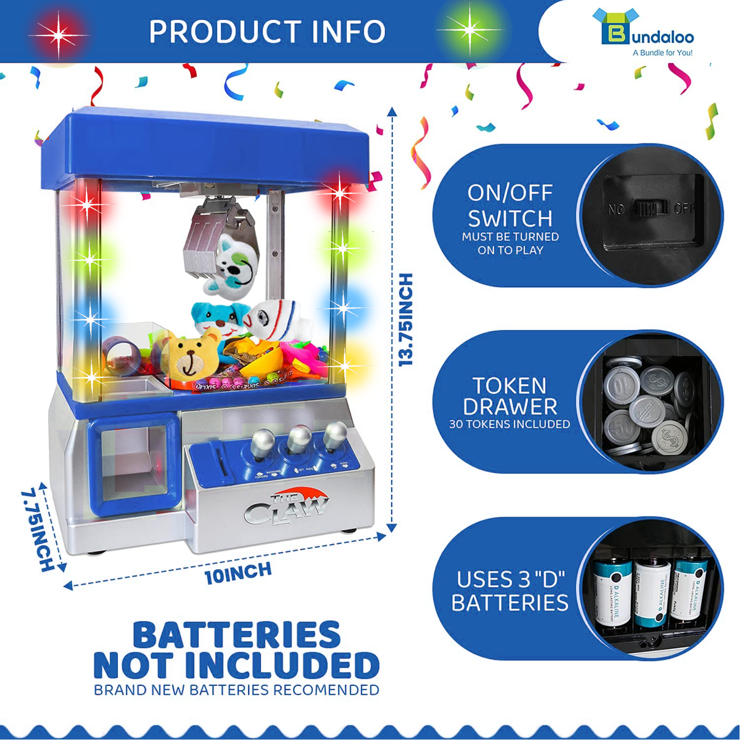 Bundaloo Compact Claw Machine, Electronic Mini Arcade Game for Kids, Coin Operated