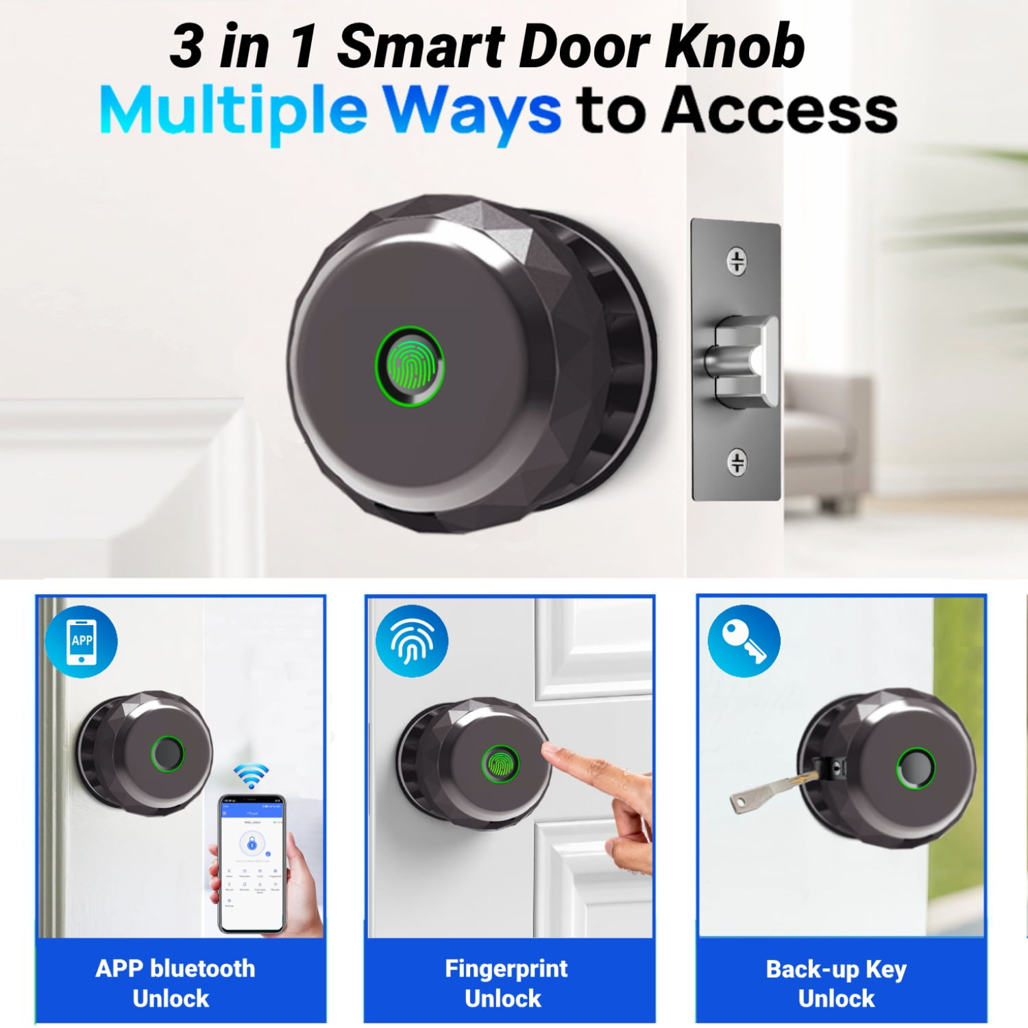 Door Knob,Blacksmith Smart Door Knob With 3 Ways Quick Unlock,Smart Door Lock,Bronze