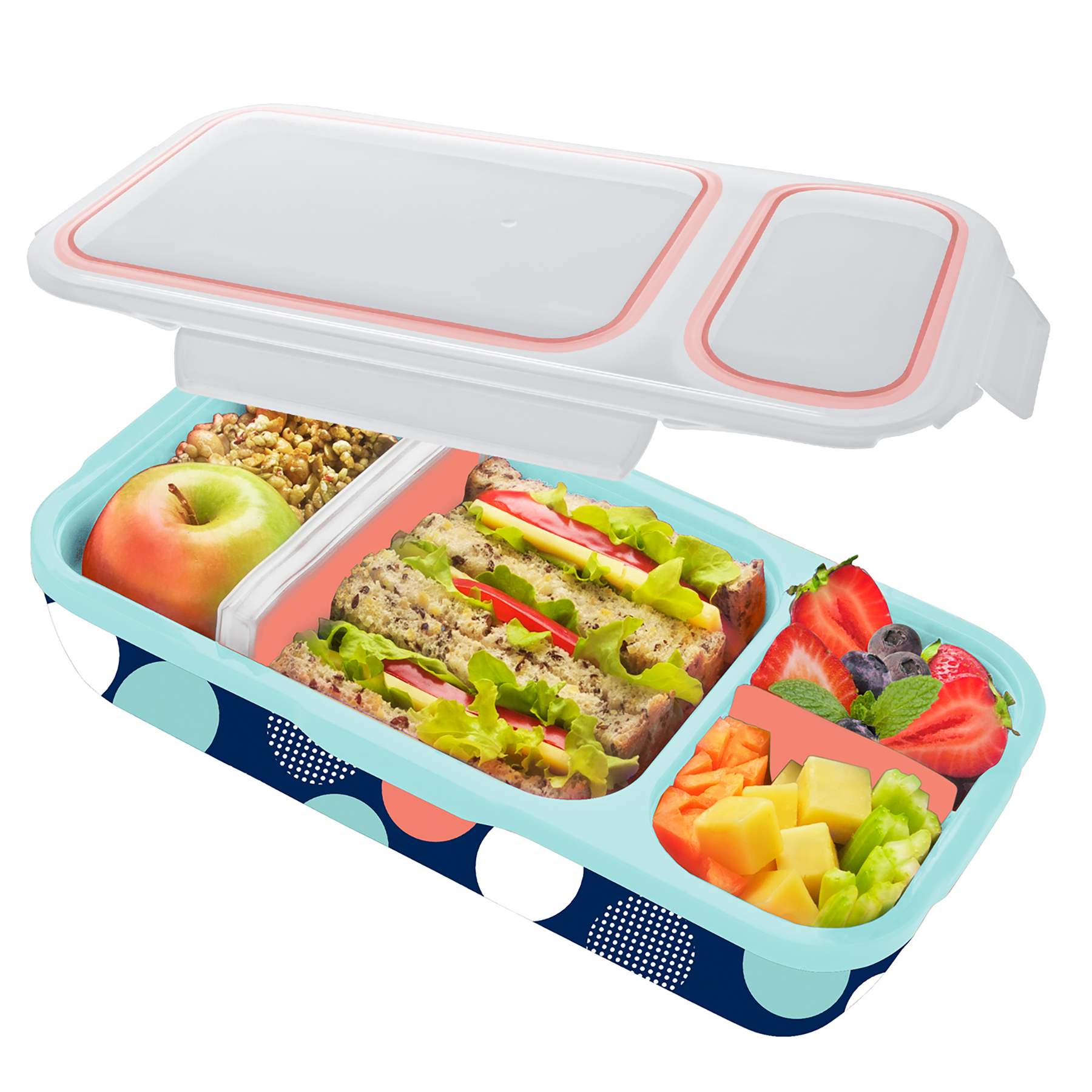 Bento Switch Up lunch box with Bottle. Leakproof with adjustable dividers and 16.9 fl oz Bottle. BPA free, dishwasher safe. Durable, food grade stainless steel. Color/print Misty.
