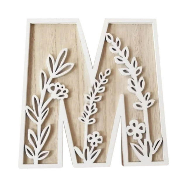 Leodye 1PCS Carved Wooden Flower & Letter Pendant - Home Kitchen & Wedding Wall Decoration Craft -4.92IN