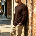 thumbnail image 2 of Domuza Mens Long Sleeve Shirt with Pocket Crew Neck Shirts Casual Solid Lightweight Basic T-Shirt Brown L, 2 of 8
