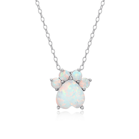 Forever Facets Jewelry Platinum over Sterling Silver Simulated Opal Paw Print Necklace October Birthstone Pendant on 18 inch Cable Chain with Gift Box