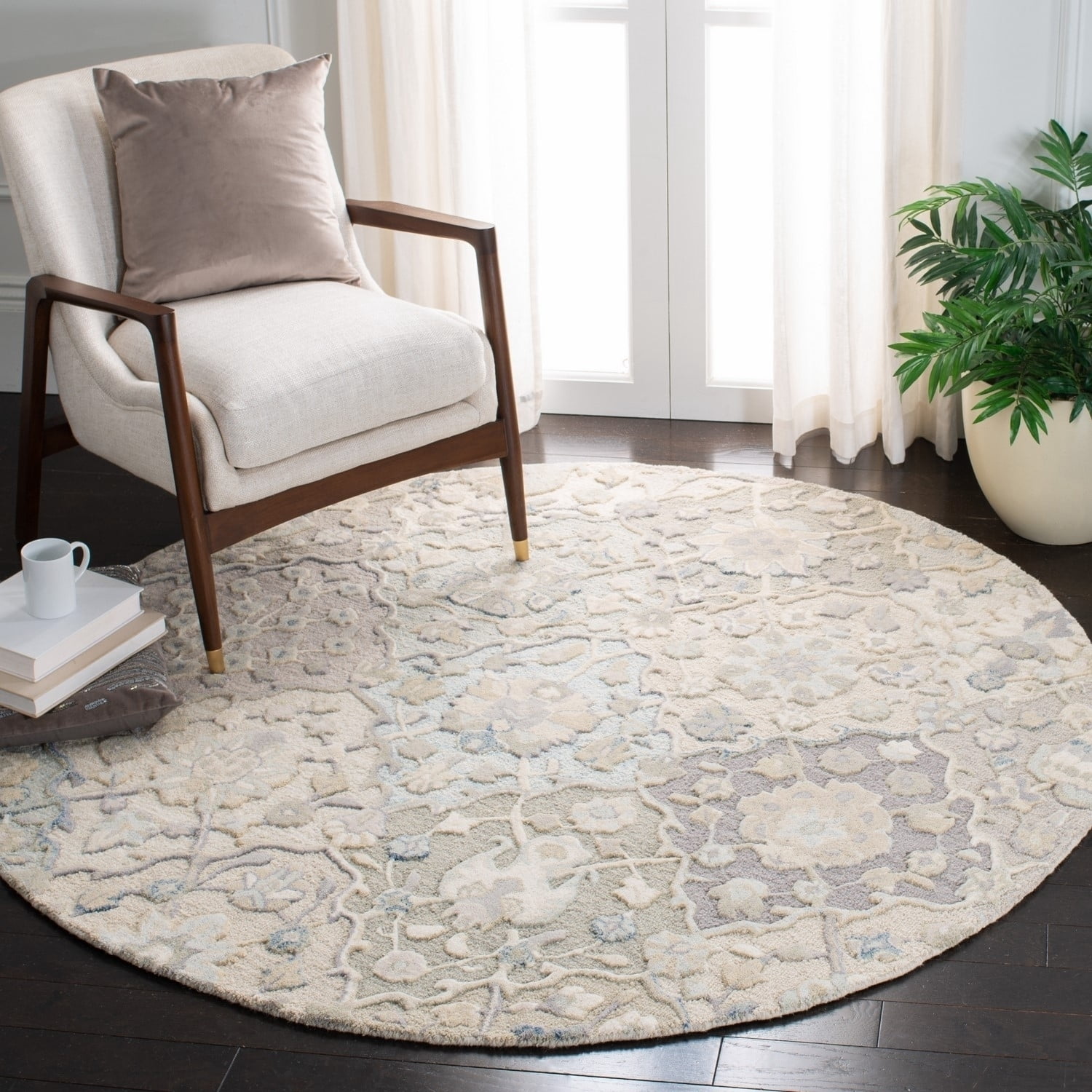 SAFAVIEH Glamour Charmaine Floral Wool Area Rug, Grey/Blue, 6' x 6' Round