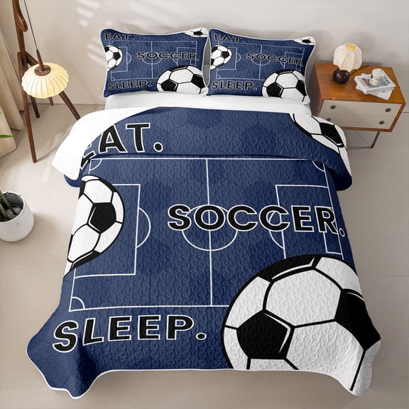 Erosebridal Ball Games Kids Twin Quilt Set For Boys,Deepblue White Black Twin Coverlet Set,2pcs