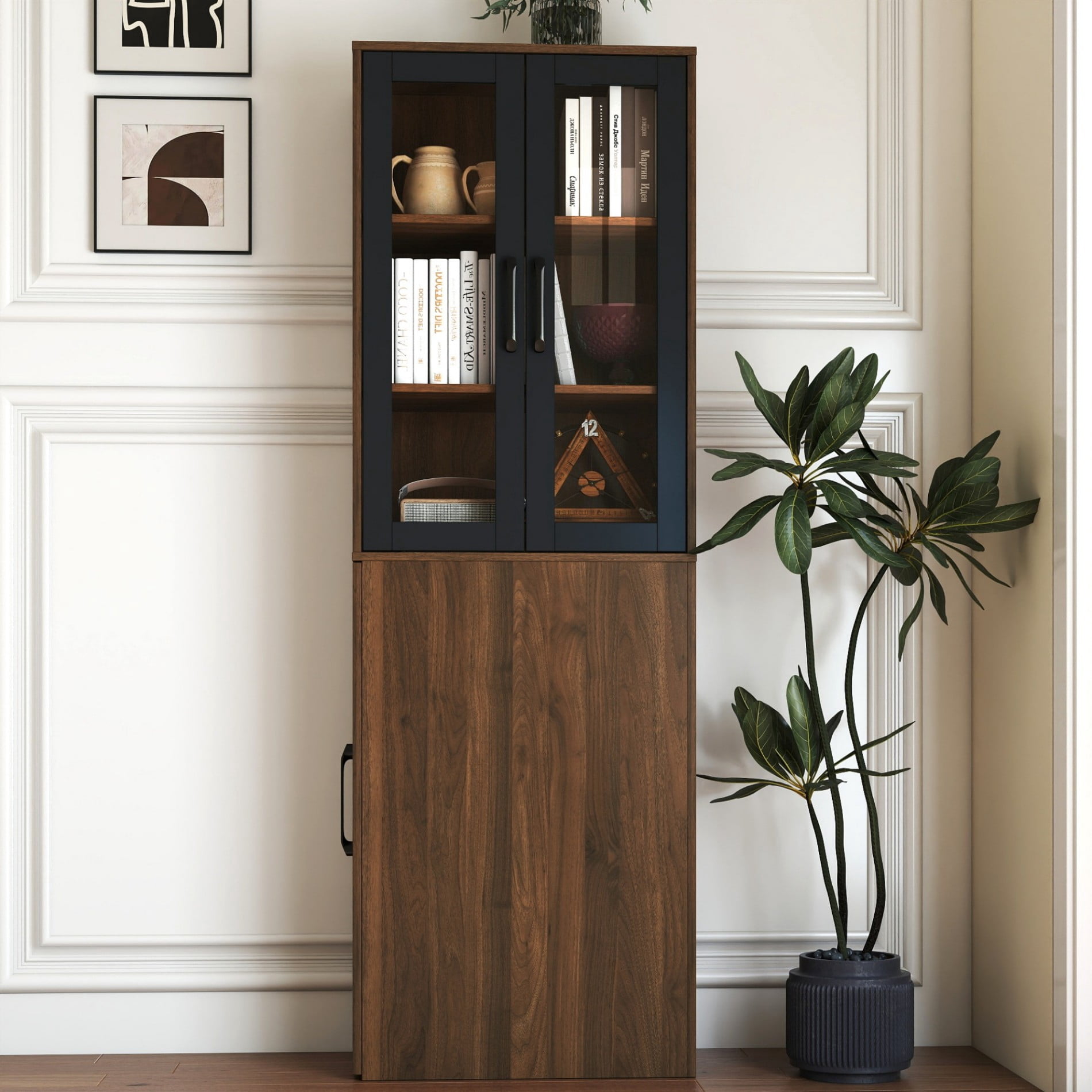 70.8" Tall Pantry Cabinet with Glass Doors, Pull-Out Shelves Storage Cabinet, 4 Tier Display Bookcase with Sliding Organizer, Freestanding Kitchen Storage Cabinet for Living Room, Dining Room, Walnut