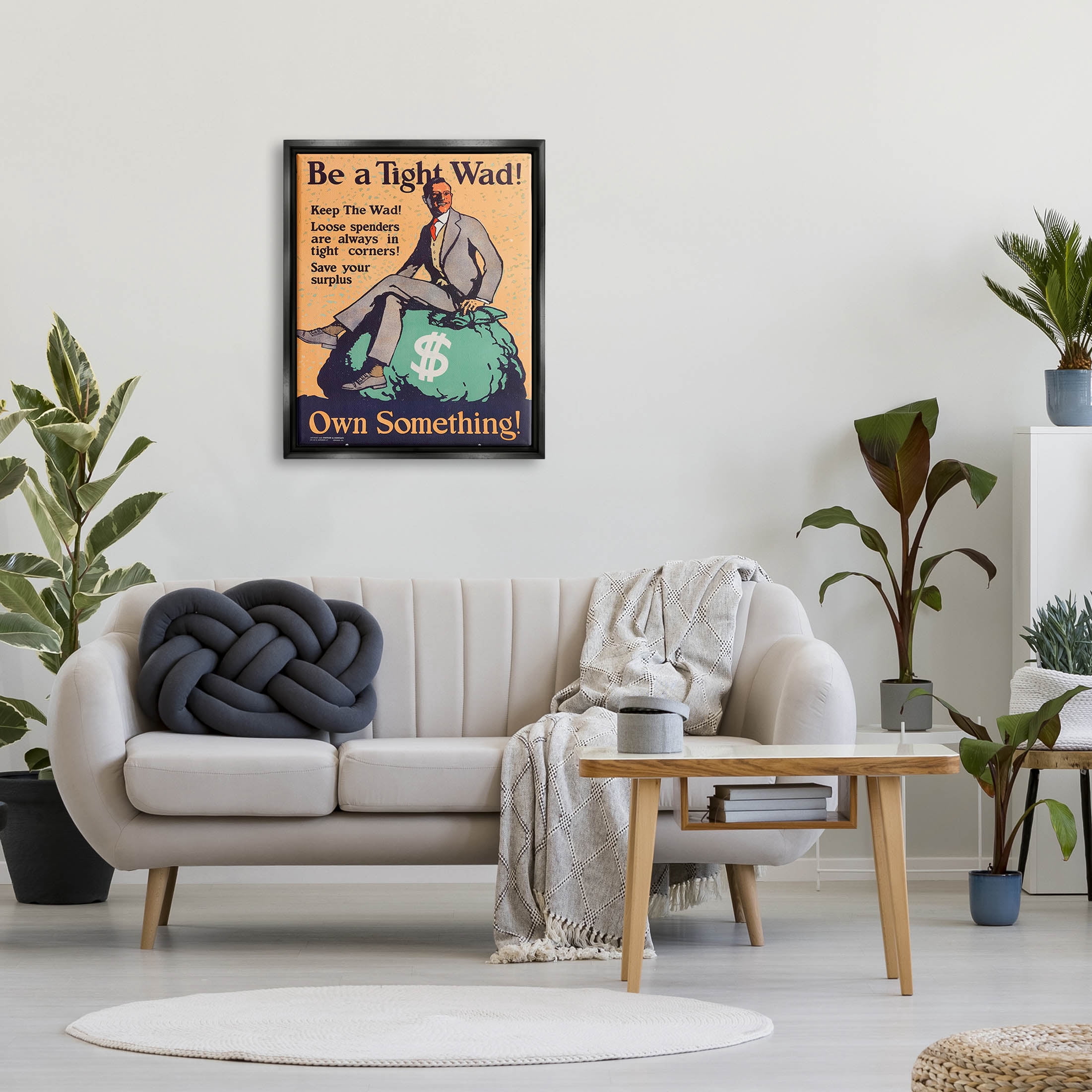 Stupell Industries Be a Tight Wad Retro Ad Graphic Art Jet Black Floating Framed Canvas Print Wall Art, Design by Marcus Jules