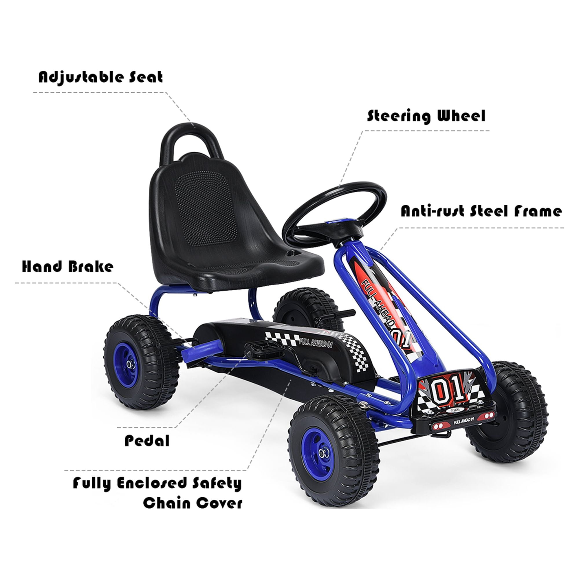 Gymax Kids Pedal Go Kart 4 Wheel Ride On Toys w/ Adjustable Seat & Handbrake Blue