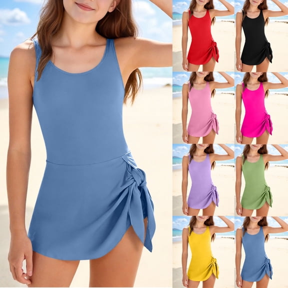 SGFCWSX Girls One Piece Swimsuit Tie Side Swim Dress Solid Color Skirted Bathing Suit for Teens Beach Pool Vacation Blue Size 15-16 Years