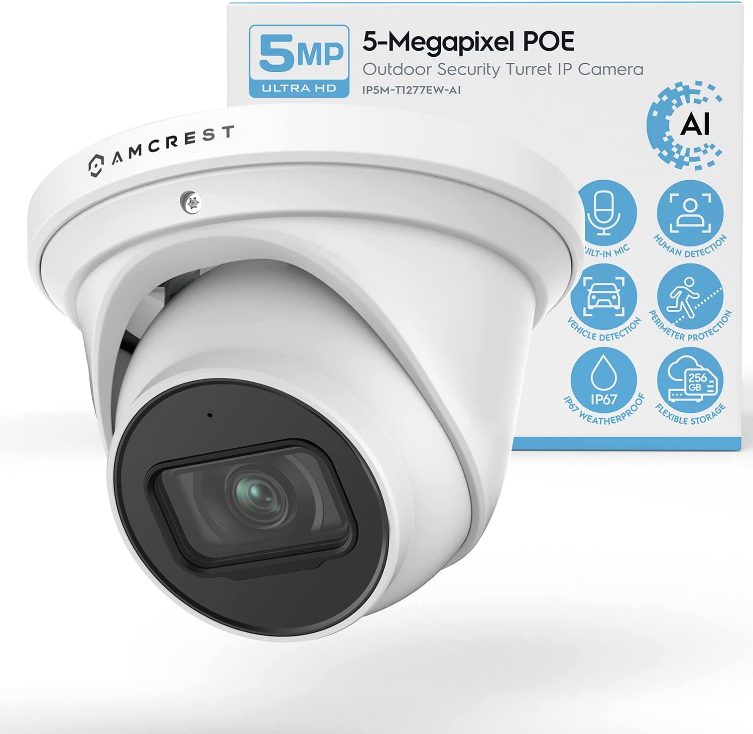 Amcrest AI Turret IP PoE Camera w/ 164ft Nightvision, Security IP Camera Outdoor, Builtin
