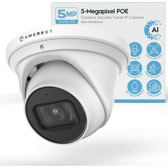 Amcrest AI Turret IP PoE Camera w/ 164ft Nightvision, Security IP Camera Outdoor, Built-in Microphone, Human & Vehicle Detection, 129° FOV, 5MP@20fps IP5M-T1277EW-AI