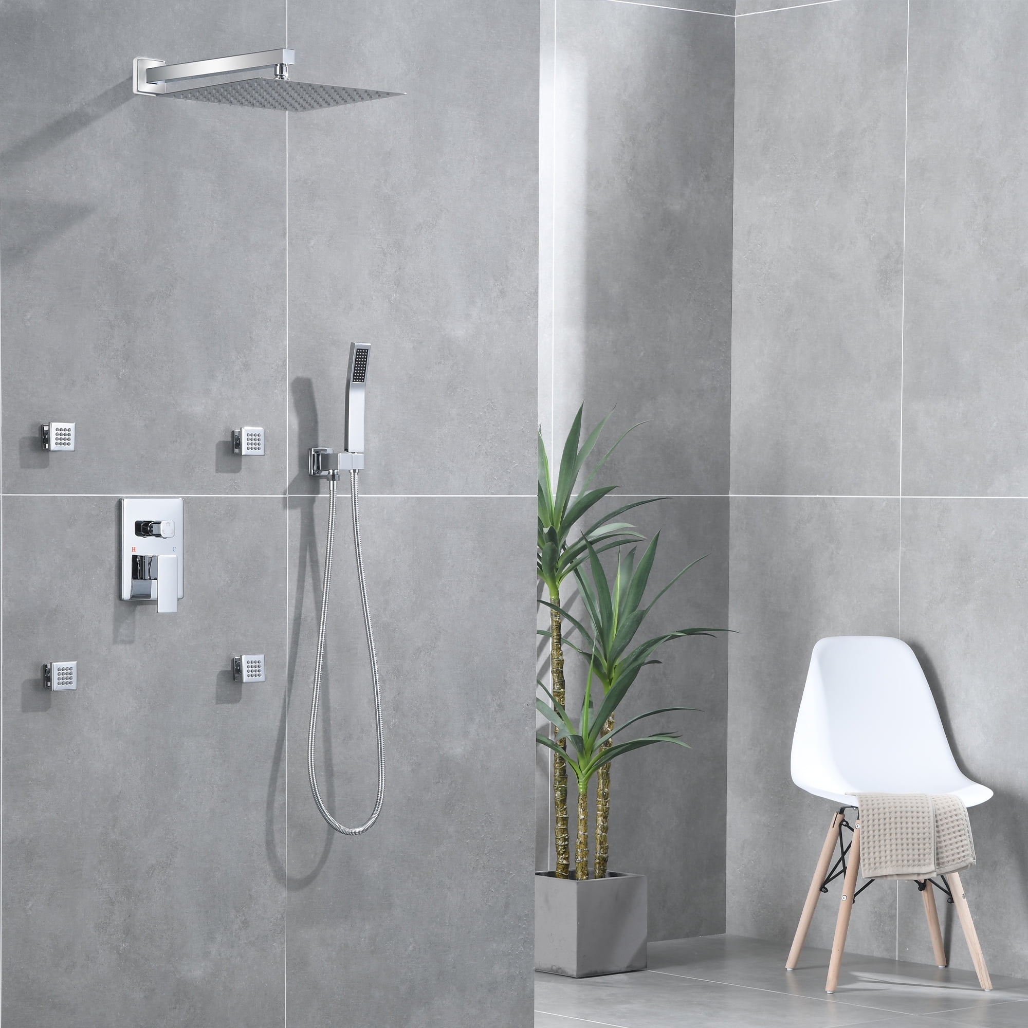 GOTONOVO Ceiling Mount Rain Shower System - 12" Shower Head, 4 Body Jets, Handheld Sprayer, Matte Black