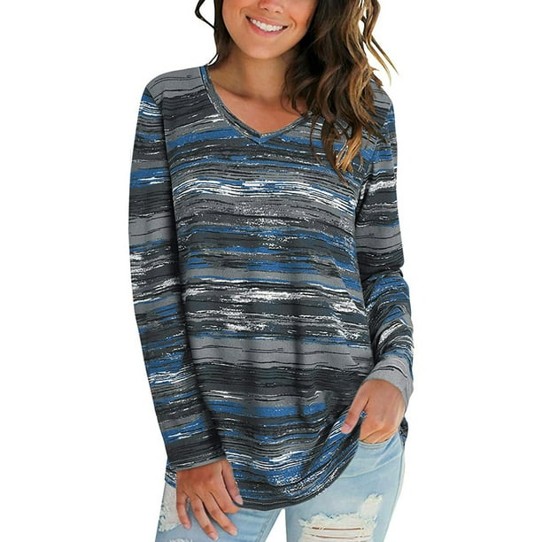 Qarigey Camiseta de mujer Otoño Impreso Cuello en V Top Top Blusa informal de manga larga Prendas para la parte del cuerpo Gris 3XL