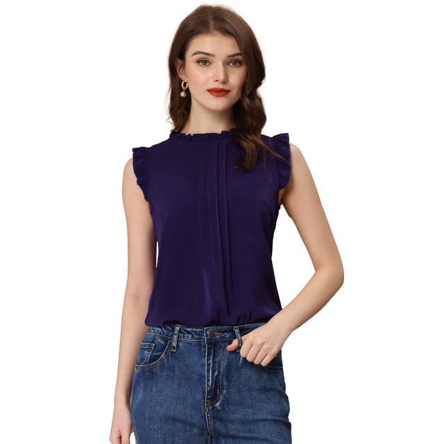 Blusas Elegante Sin Mangas Vintage De La Década De 1950 Con Volantes Para Oficina De Negocios Para Mujer Azul oscuro S