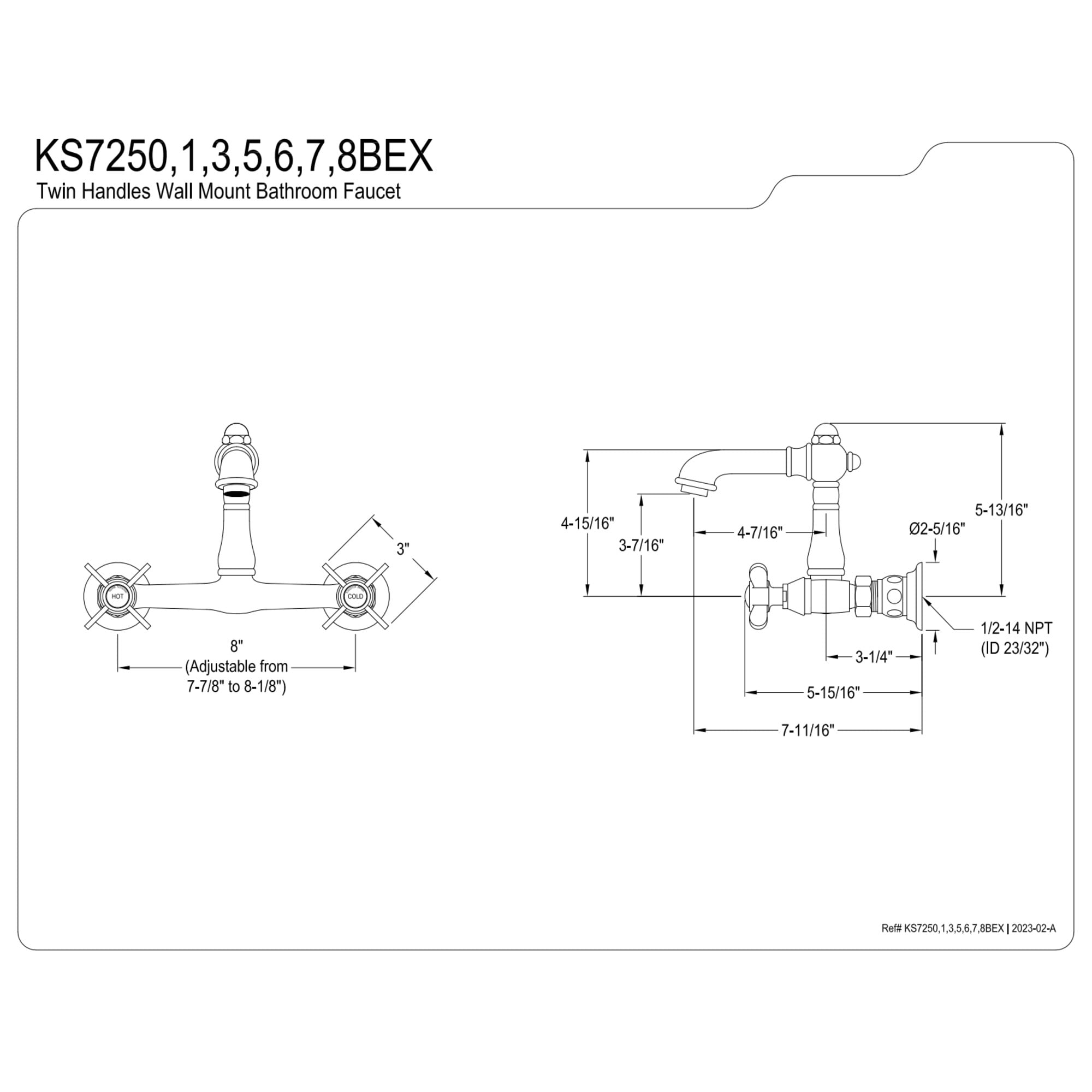 Kingston Brass KS7257BEX Essex Double-Handle 2-Hole Wall Mount Bathroom Faucet in Brushed Brass