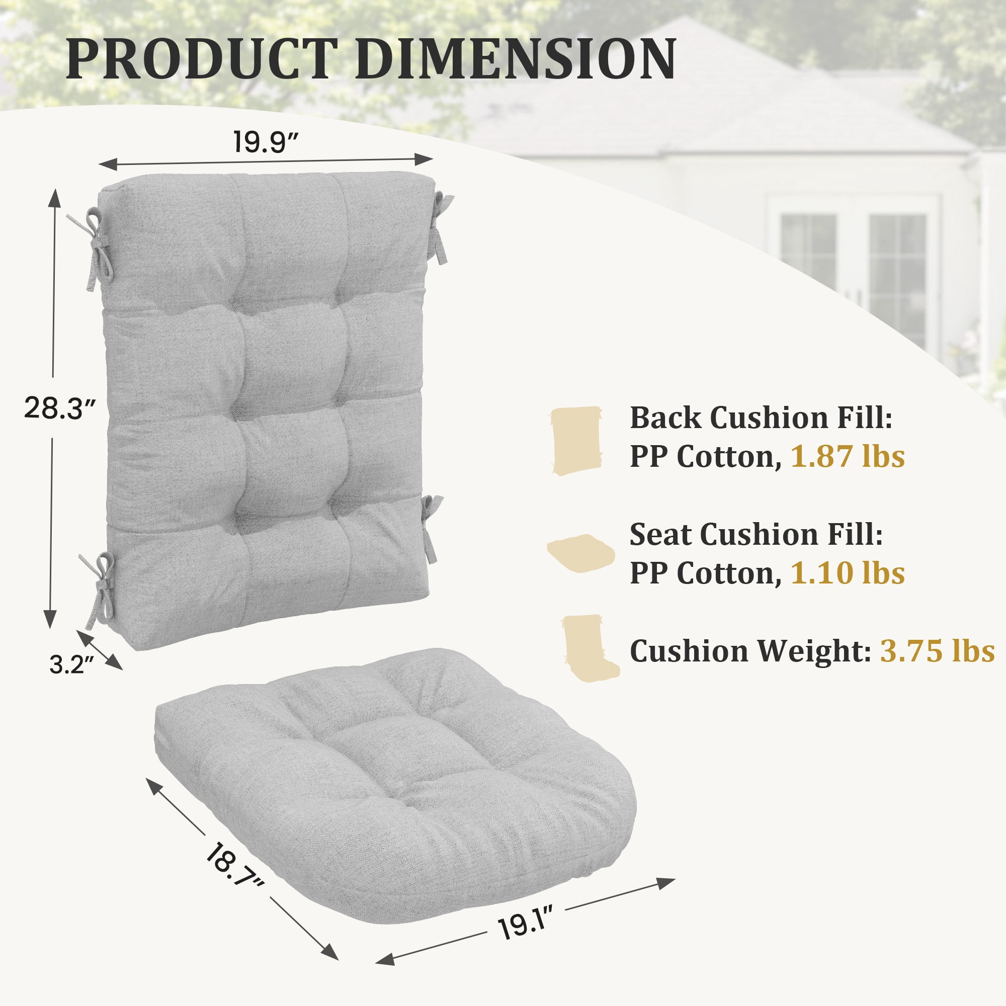 FUNDAZE Outdoor Chair Cushion, 47"L x 19.9"W 1 Piece Cushion W/ Ties for Indoor Outdoor Rocking Chairs, Gray