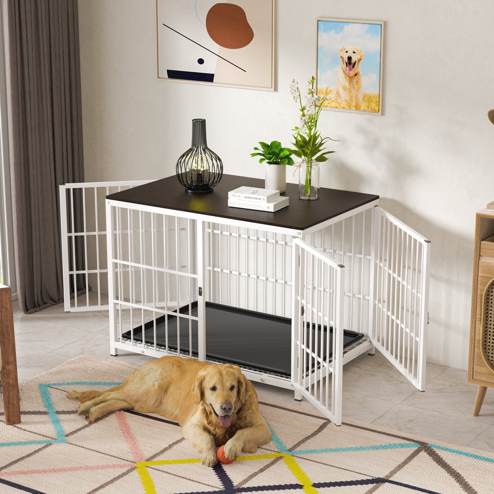 Bingopaw Triple Door Wooden Dog Crate Indoor, White, Large, Removable Tray, 36.02"L x 25"W x 29.33"H