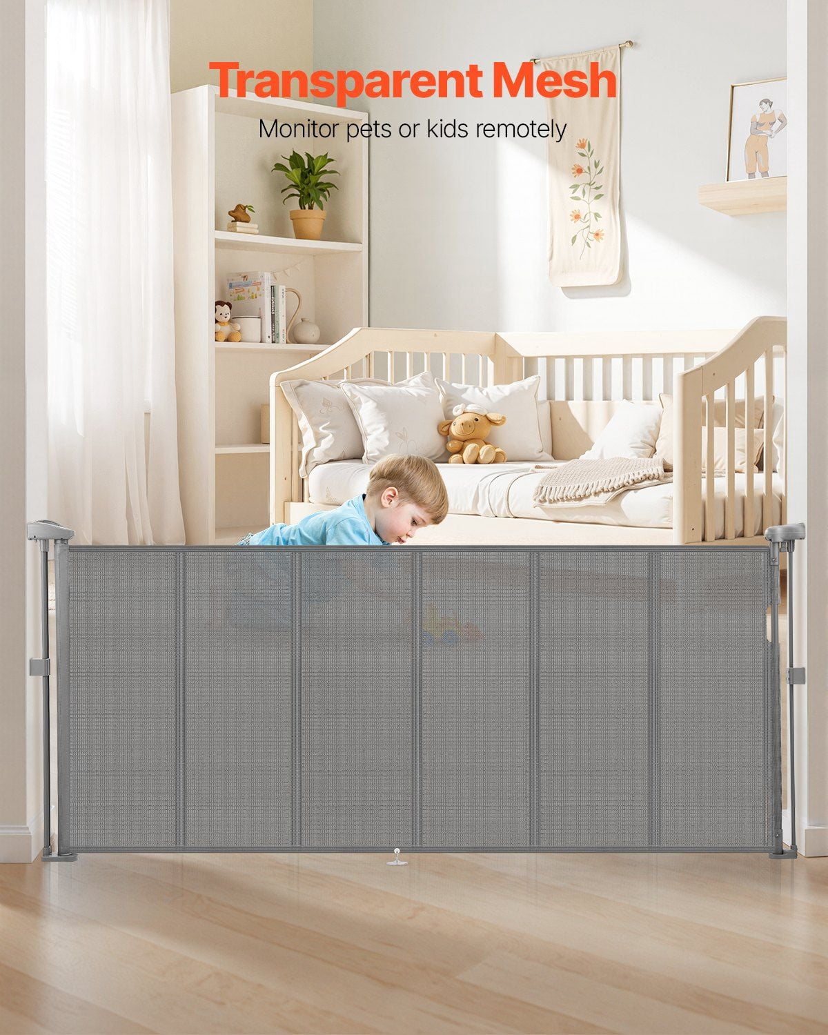 Retractable Baby & Pet Gate - 34 Inches High, Extends to 71 Inches Wide, Gray (Durable, Space-Saving Design)