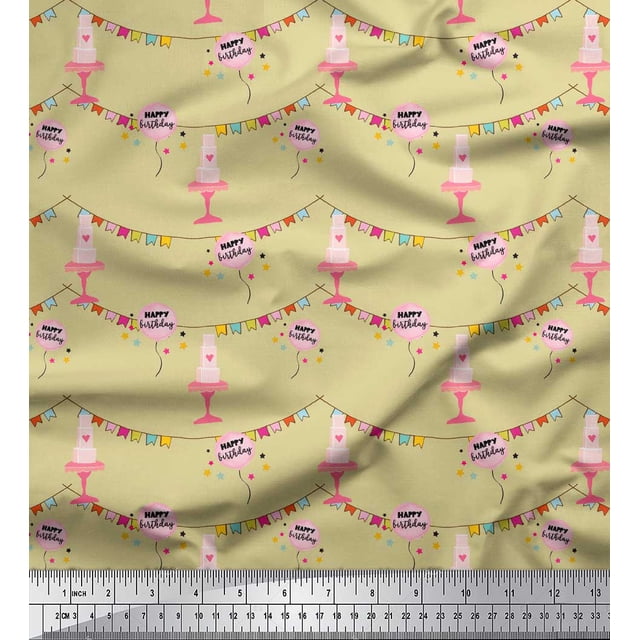 Soimoi Beige Rayon Fabric Birthday Theme Party Print Sewing Fabric Yard 42 Inch Wide