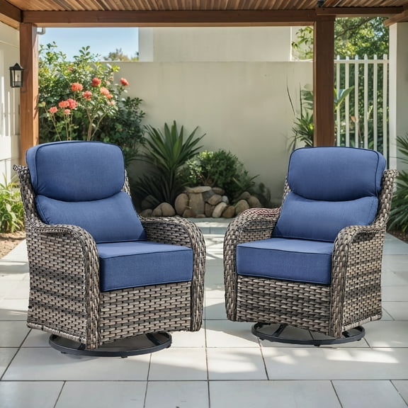 OPOHORO High Back Outdoor Swivel Patio Chairs Set of 2, 6-Inch Thick Cushions Outdoor Gray Wicker Swivel Glider Rocking Chairs for Porch Deck - Blue