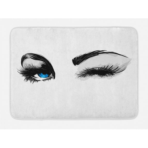 Eye Bath Mat, Flirty Woman Eyes and Thick Lashes Beauty Glamor Youth, Plush Bathroom Decor Mat with Non Slip Backing, 29.5" X 17.5", Blue Black Pale Grey, by Ambesonne
