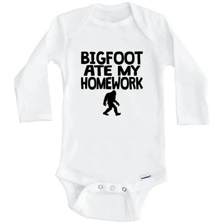 

Bigfoot Ate My Homework Funny Sasquatch One Piece Baby Bodysuit (Long Sleeve) 6-9 Months White