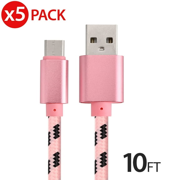 5x 10FT USB Type C Cable Fast Charging Cable USB-C Type-C 3.1 Data Sync Charger Cable Cord For Samsung Galaxy S9 S9  Galaxy S8 S8 Plus Nexus 5X 6P OnePlus 2 3 LG G5 G6 V20 HTC M10 Google Pixel XL