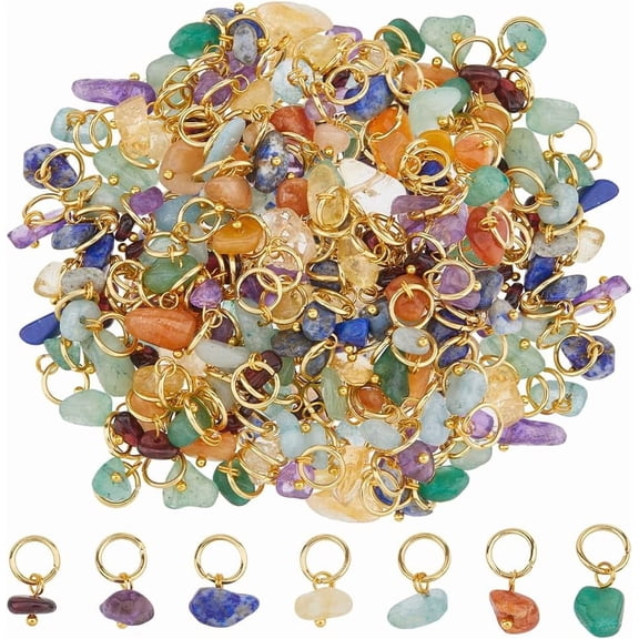 140Pcs 7 Colors Natural Gemstone Charms Stone Charms Bulk Mixed Gemstone Pendants Irregular Stone Chip Pendants with Platinum Golden Brass Loop for Jewelry Making Golden