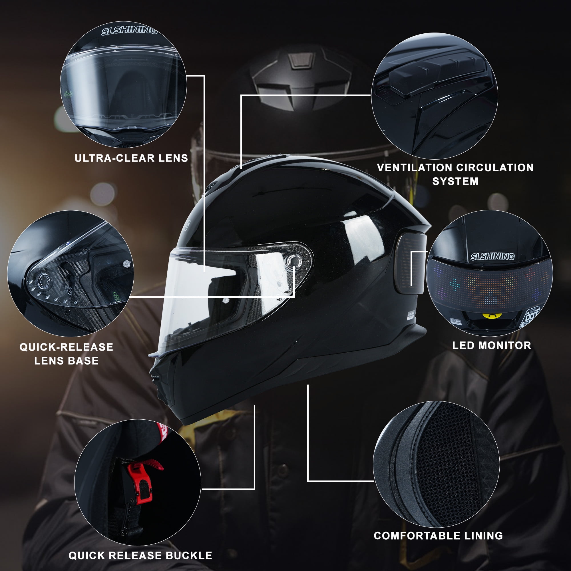 Geemuslly Adult Full-Face Motorcycle Helmet with DIY LED Screen,DOT Approved,Visibility LED Display Smart APP Controlled DIY Helmets for Men and Women