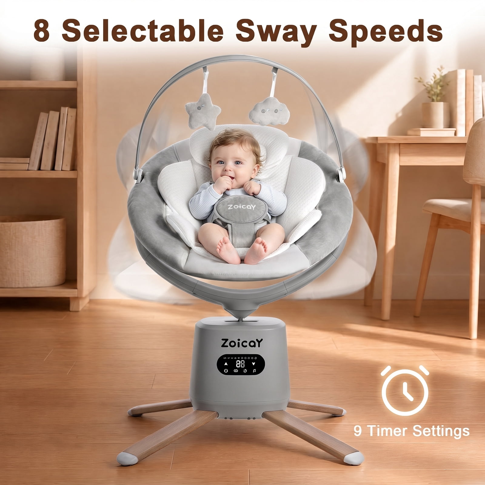 Zoicay Baby Swing with 5-Point Safety Harness, 8 Motions & 8 Speeds, 360° Rotatable Seat, Bluetooth & 6 Preset Melodies, App Remote Control, Gray
