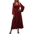 thumbnail image 2 of Women'S Spring Sleeve High Split Casual Loose V-Neck Waist A-Line Flowy Swing Maxi Length Dresses Wine Red M, 2 of 7