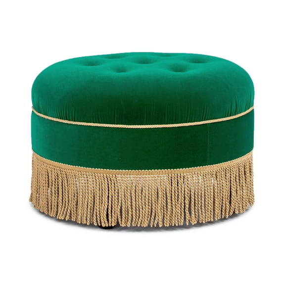 Jennifer Taylor Home Yolanda 24" Round Upholstered Accent Ottoman, Ultramarine Green Velvet with Gold Trim