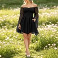 thumbnail image 3 of QTISFD Women's Medieval Renaissance Fairy Dress Chiffon Off Shoulder Long Bell Sleeve Lace Up Short Dresses Gothic Court Dress, 3 of 9