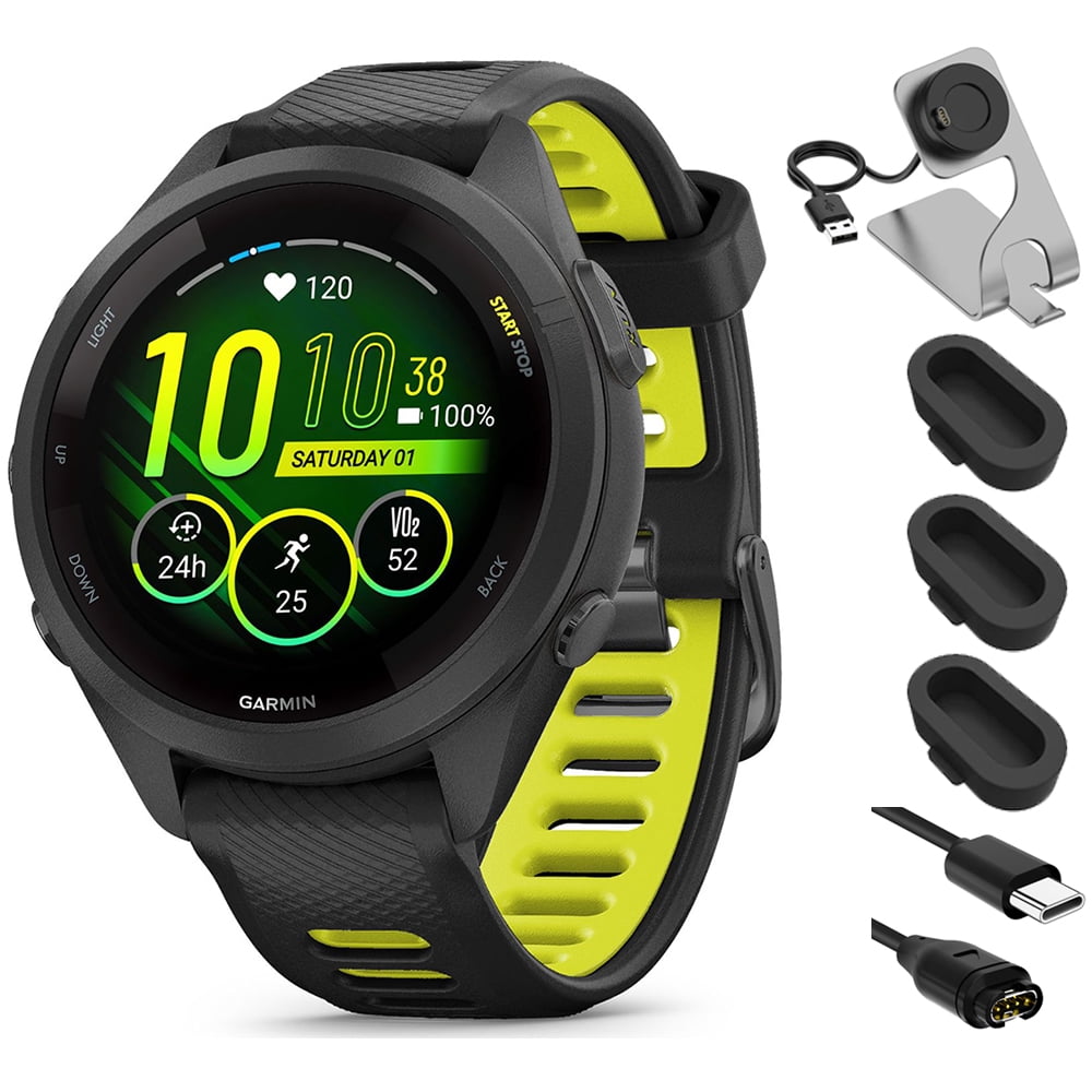 Garmin 010-02810-03 Forerunner 265S GPS Smartwatch Black/Amp Yellow Bundle with Deco Essentials Charging Dock, Silicone Dust Cover 3 Pack and USB Type C Charging Cable